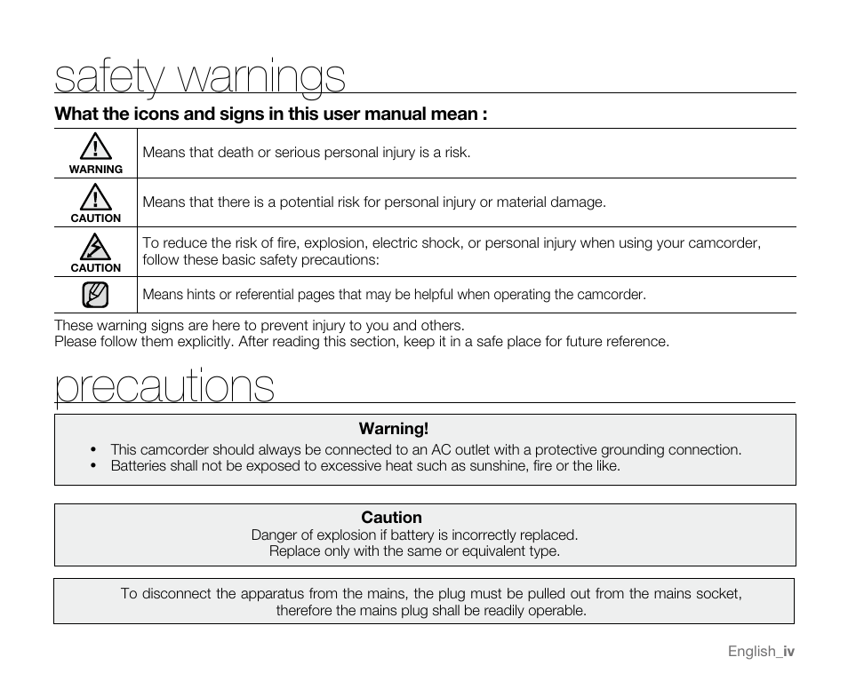 Safety warnings, Precautions | Samsung VP-MX20H User Manual | Page 4 / 121