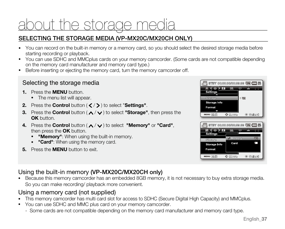 About the storage media | Samsung VP-MX20H User Manual | Page 43 / 121