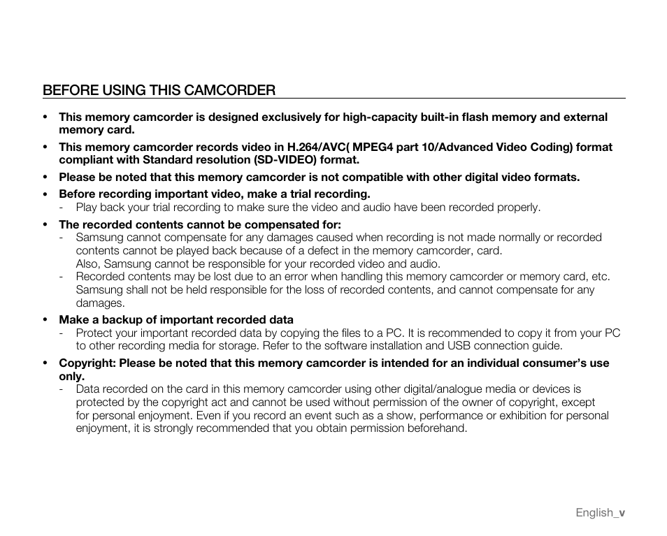 Before using this camcorder | Samsung VP-MX20H User Manual | Page 5 / 121