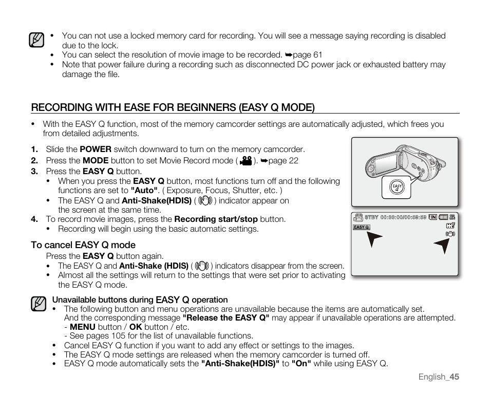 Recording with ease for beginners (easy q mode) | Samsung VP-MX20H User Manual | Page 51 / 121