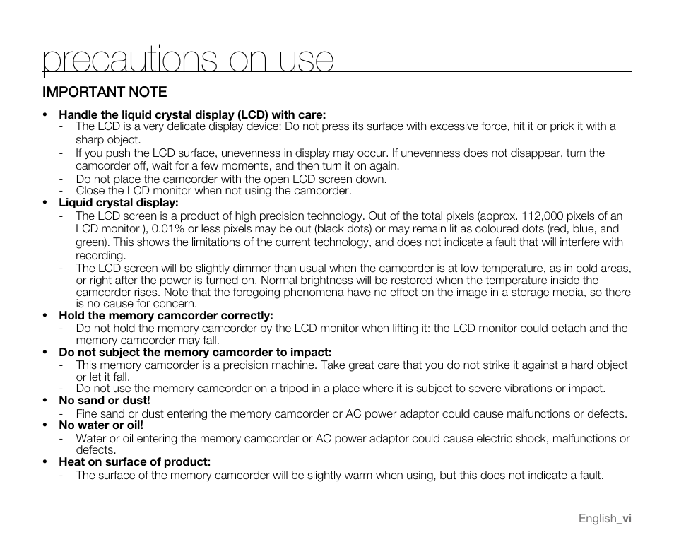 Precautions on use | Samsung VP-MX20H User Manual | Page 6 / 121
