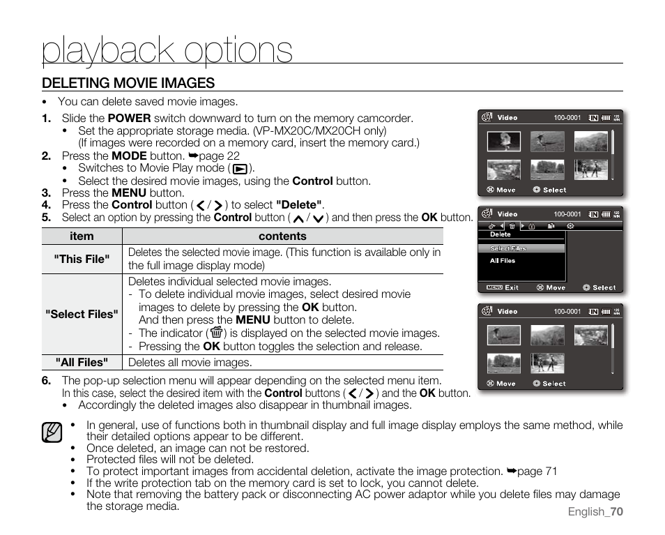Playback options | Samsung VP-MX20H User Manual | Page 76 / 121