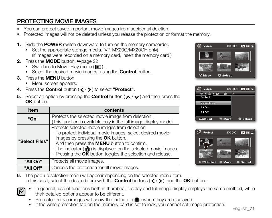 Protecting movie images | Samsung VP-MX20H User Manual | Page 77 / 121