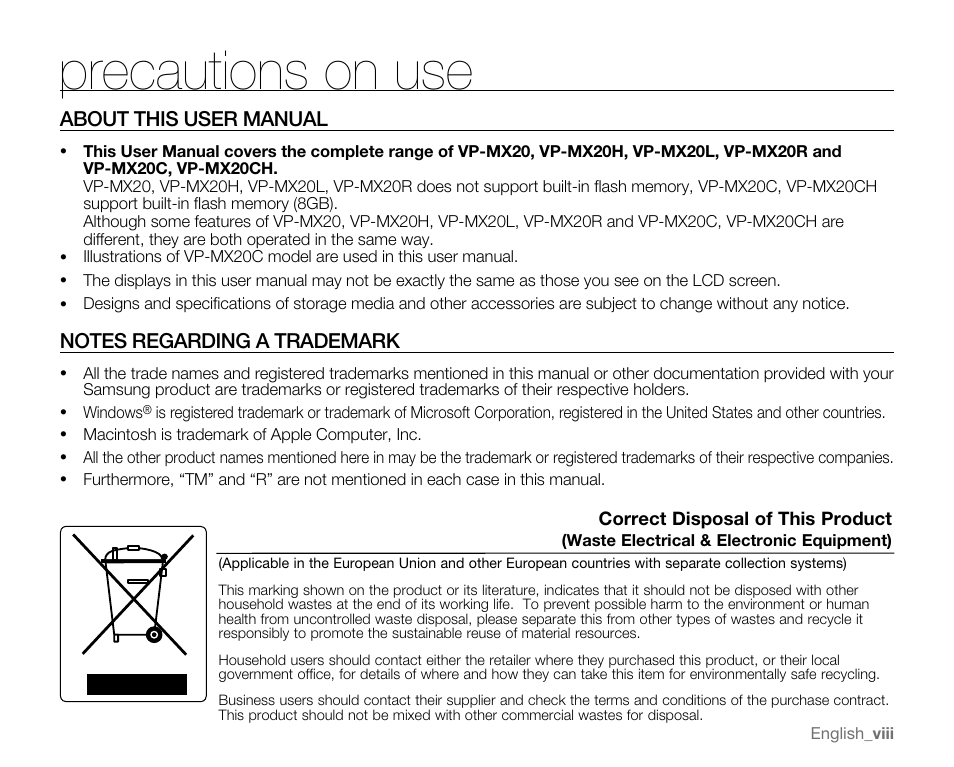 Precautions on use | Samsung VP-MX20H User Manual | Page 8 / 121