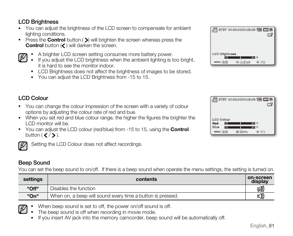 Lcd brightness, Lcd colour, Beep sound | Samsung VP-MX20H User Manual | Page 87 / 121