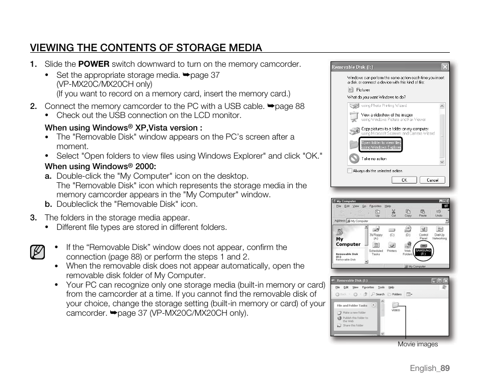 Viewing the contents of storage media | Samsung VP-MX20H User Manual | Page 95 / 121