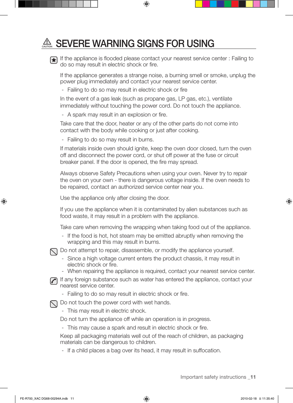 Severe warning signs for using | Samsung FE-R700WX User Manual | Page 11 / 62