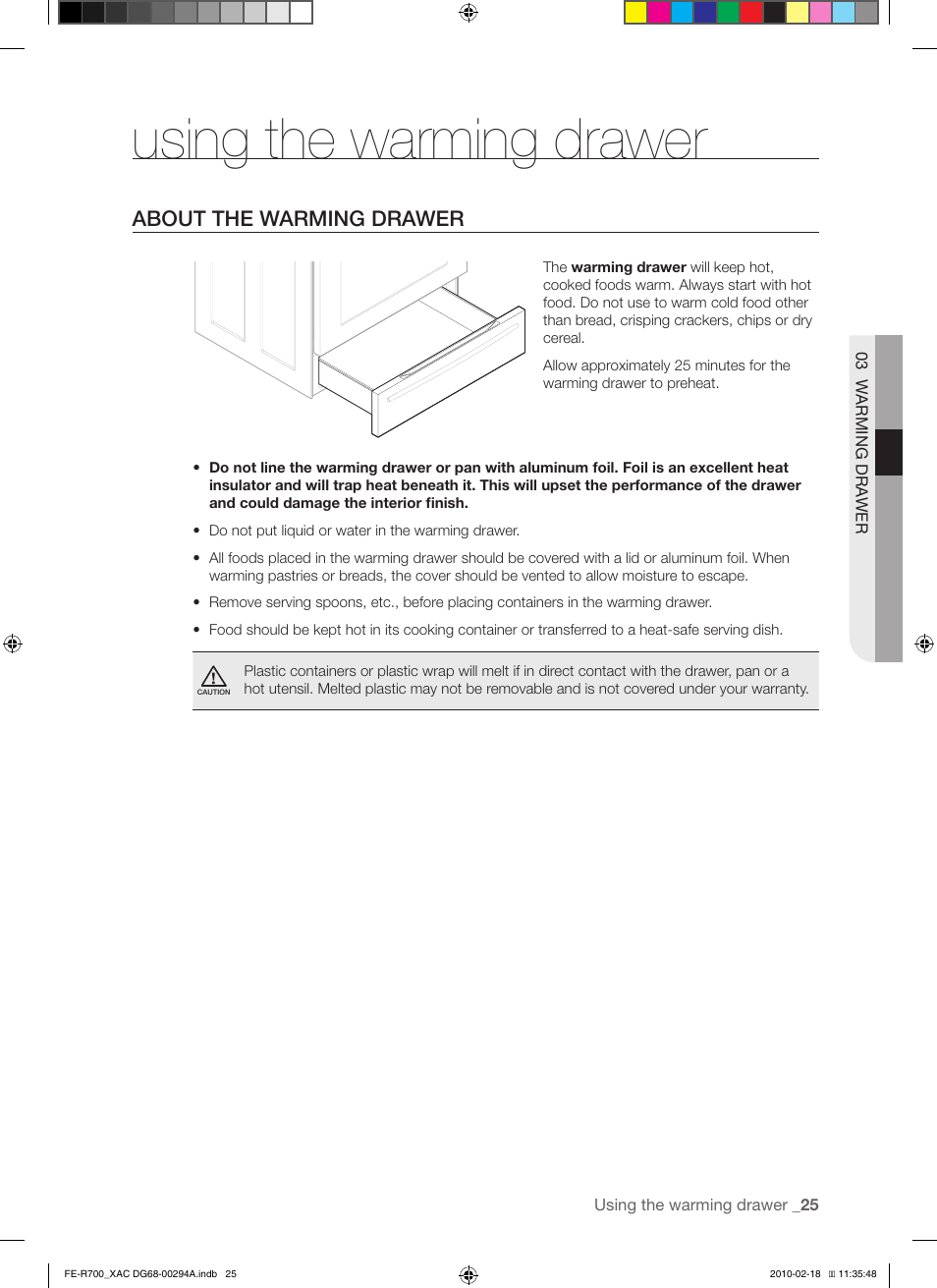 Using the warming drawer, About the warming drawer | Samsung FE-R700WX User Manual | Page 25 / 62