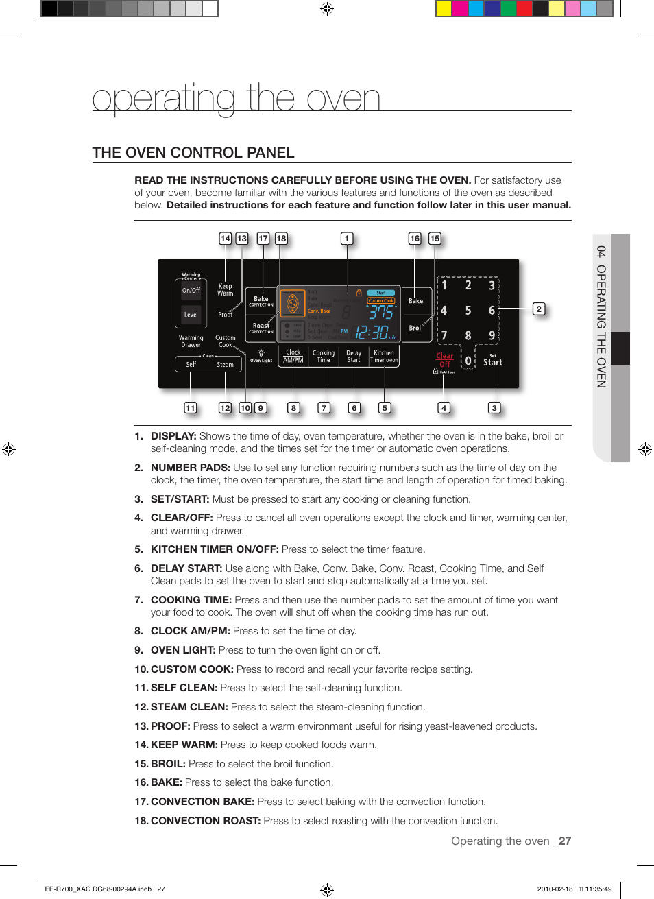 Operating the oven, The oven control panel | Samsung FE-R700WX User Manual | Page 27 / 62