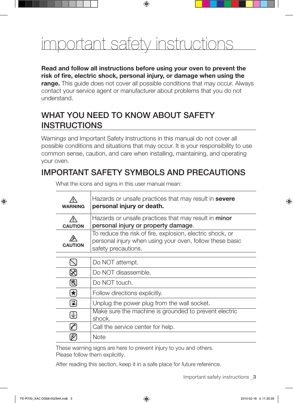 Important safety instructions, What you need to know about safety instructions, Important safety symbols and precautions | Samsung FE-R700WX User Manual | Page 3 / 62