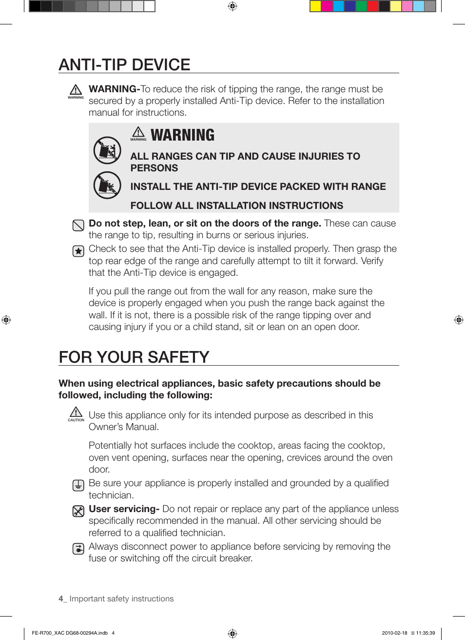 Anti-tip device, Warning, For your safety | Samsung FE-R700WX User Manual | Page 4 / 62