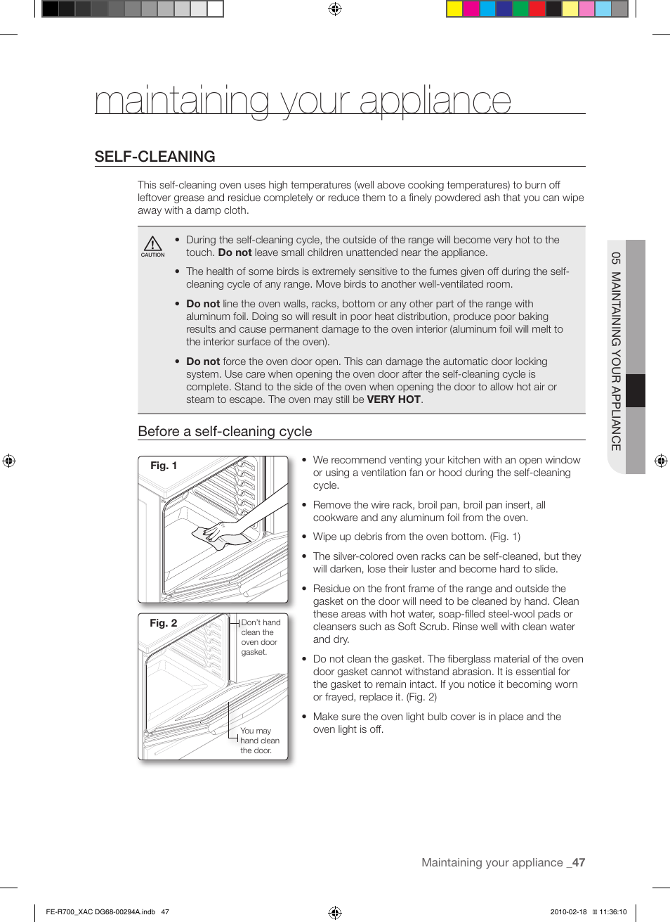 Maintaining your appliance, Self-cleaning, Before a self-cleaning cycle | Samsung FE-R700WX User Manual | Page 47 / 62
