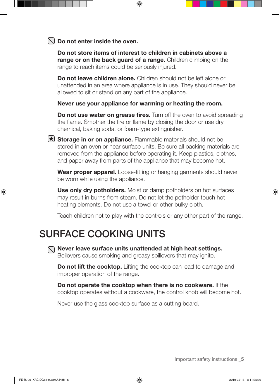 Surface cooking units | Samsung FE-R700WX User Manual | Page 5 / 62