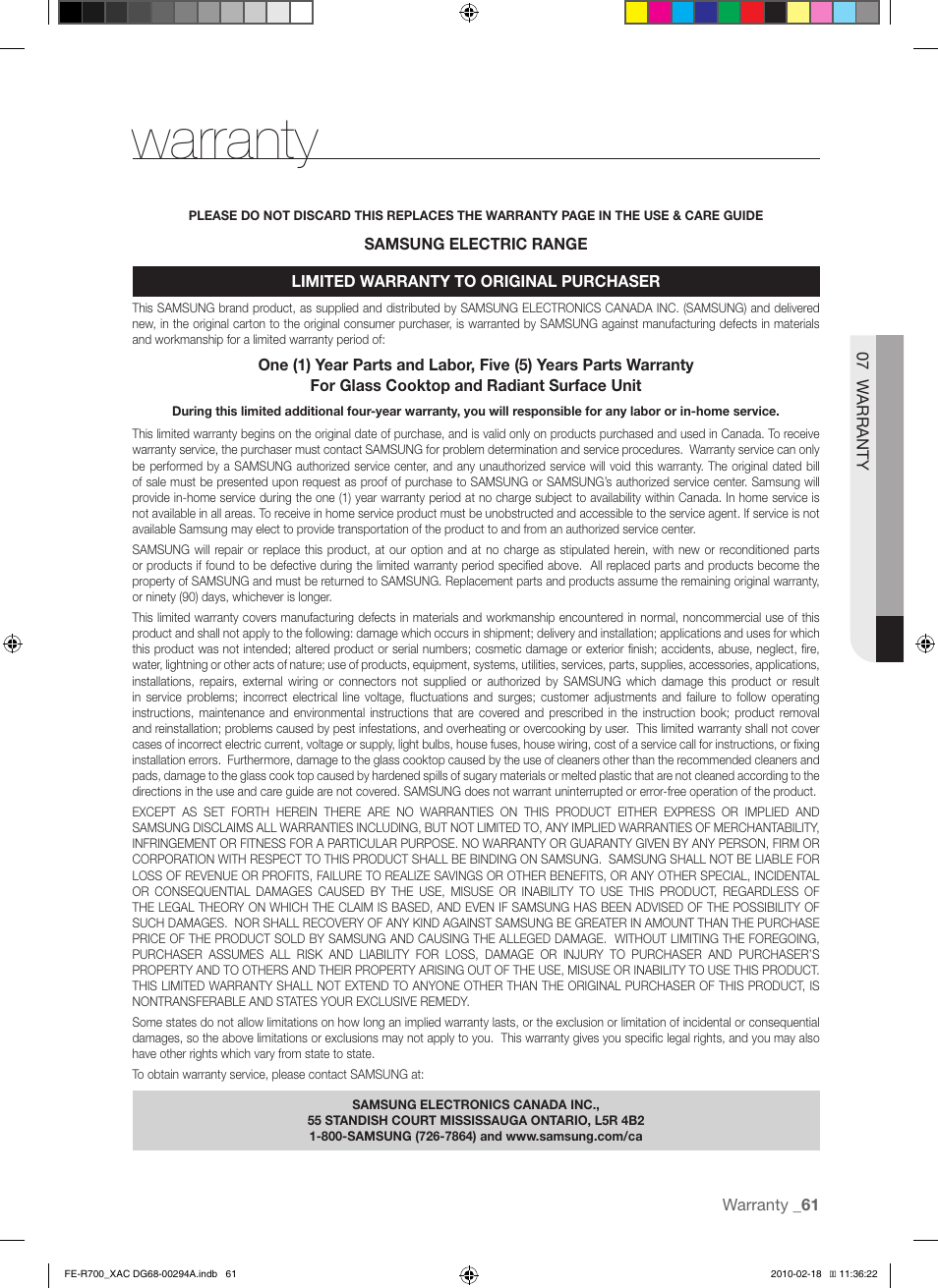 Warranty | Samsung FE-R700WX User Manual | Page 61 / 62