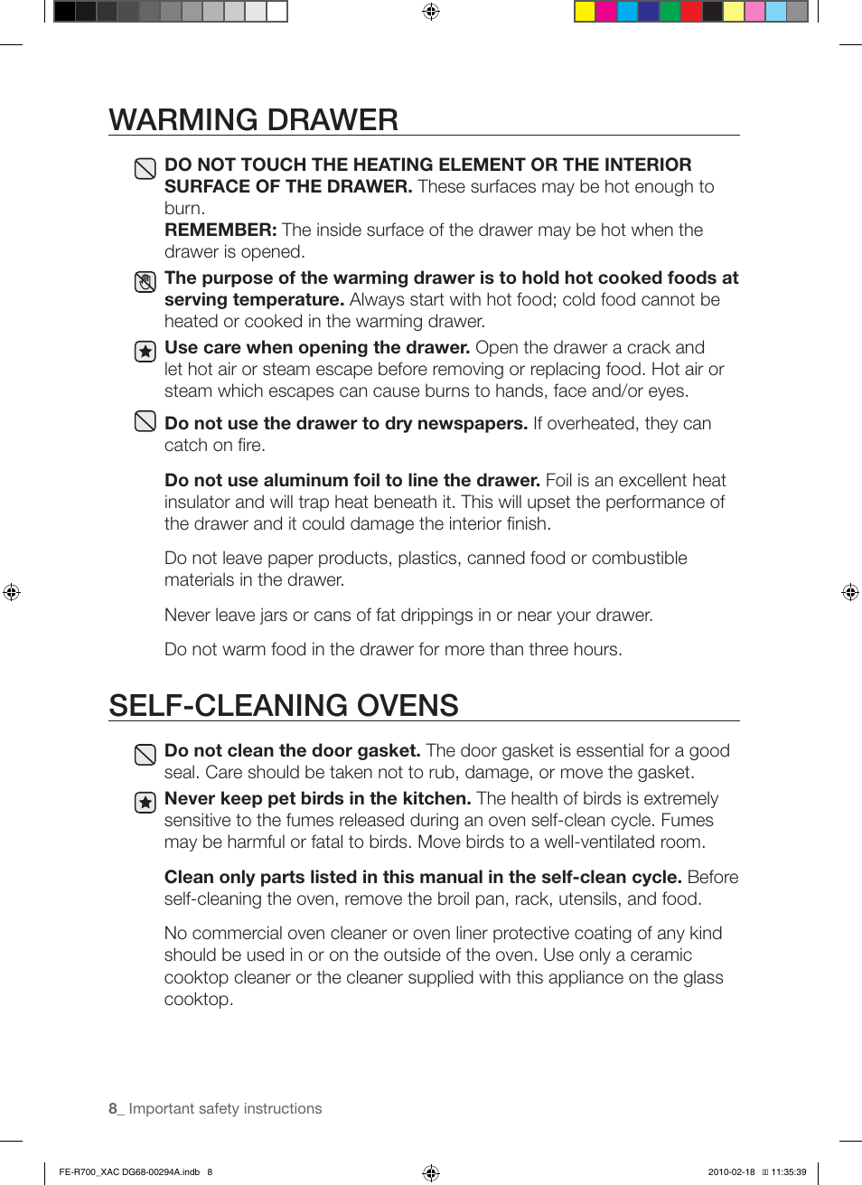 Warming drawer, Self-cleaning ovens | Samsung FE-R700WX User Manual | Page 8 / 62