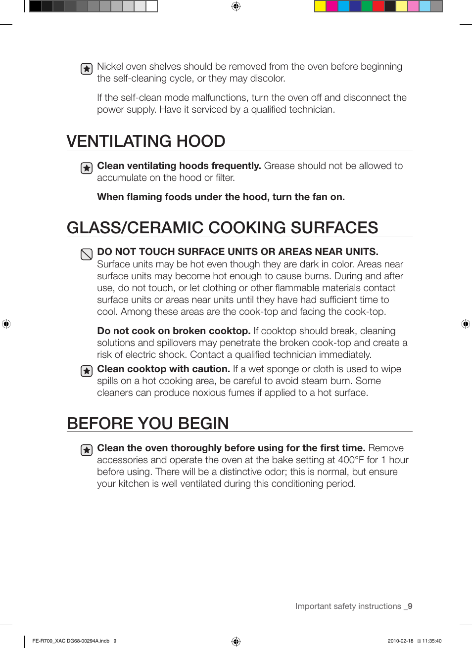 Ventilating hood, Glass/ceramic cooking surfaces, Before you begin | Samsung FE-R700WX User Manual | Page 9 / 62