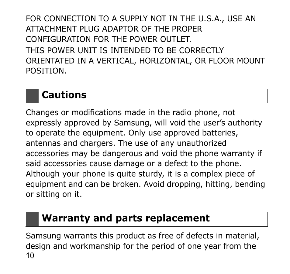 Cautions, 10 warranty and parts replacement | Samsung GH68-19211A User Manual | Page 13 / 41