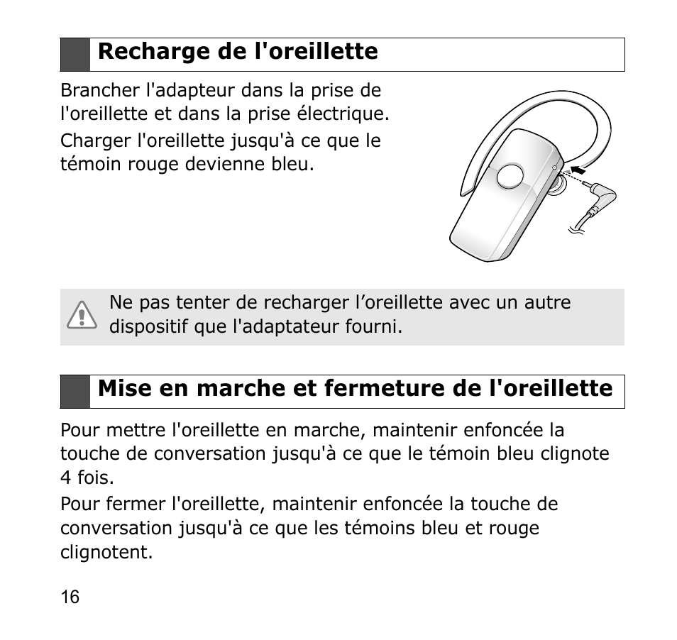 Recharge de l'oreillette, 16 mise en marche et fermeture de l'oreillette | Samsung GH68-19211A User Manual | Page 19 / 41
