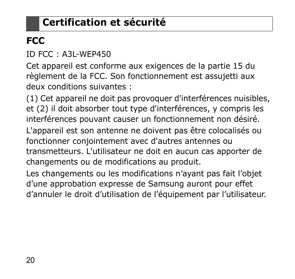 Certification et sécurité | Samsung GH68-19211A User Manual | Page 23 / 41