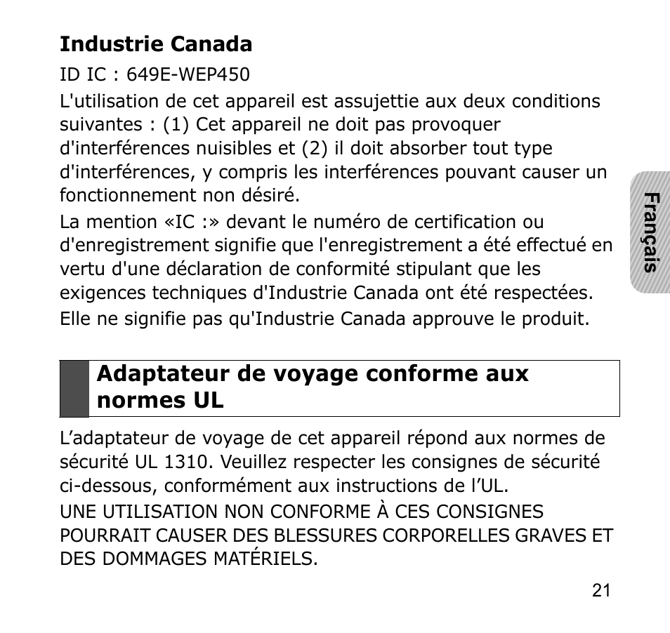 Adaptateur de voyage conforme aux normes ul | Samsung GH68-19211A User Manual | Page 24 / 41