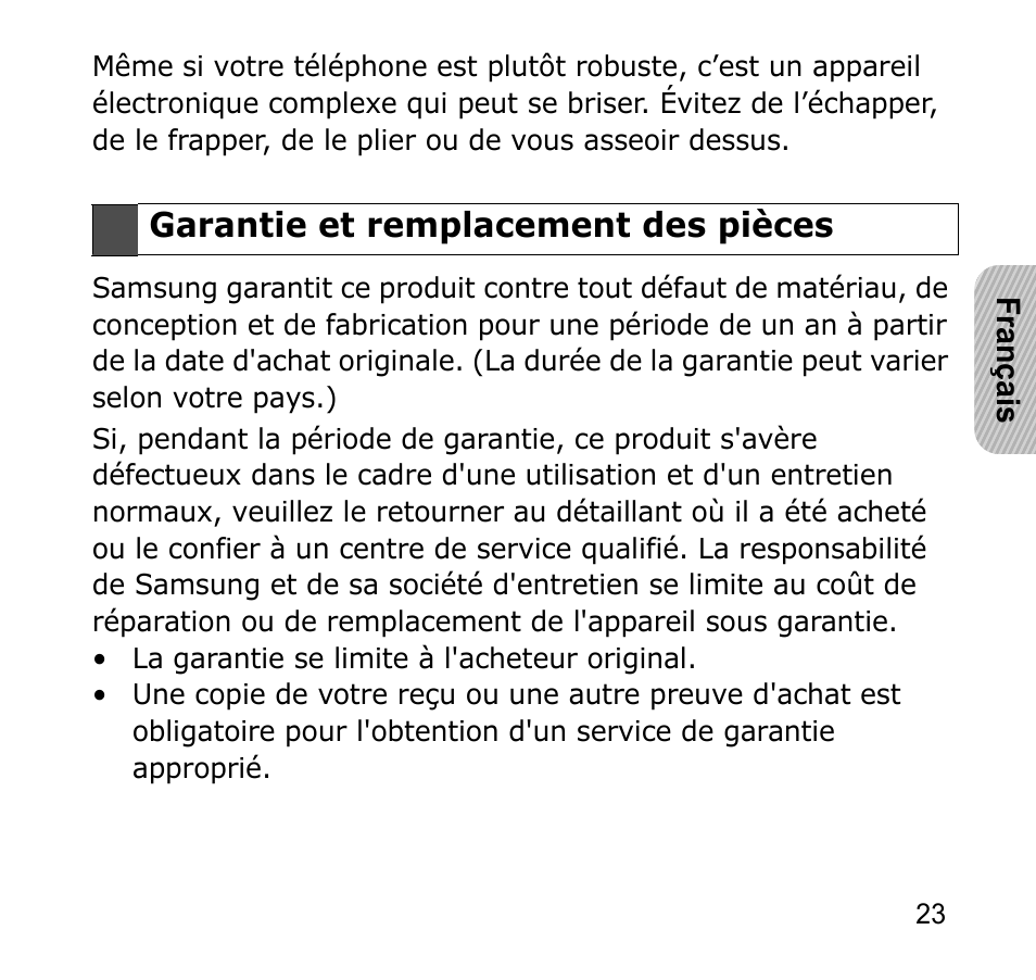 Garantie et remplacement des pièces | Samsung GH68-19211A User Manual | Page 26 / 41