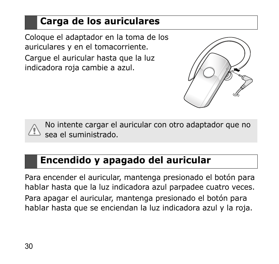 Carga de los auriculares, 30 encendido y apagado del auricular | Samsung GH68-19211A User Manual | Page 33 / 41