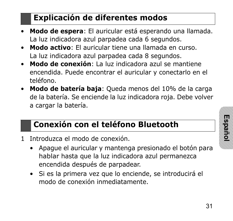 Explicación de diferentes modos, 31 conexión con el teléfono bluetooth | Samsung GH68-19211A User Manual | Page 34 / 41