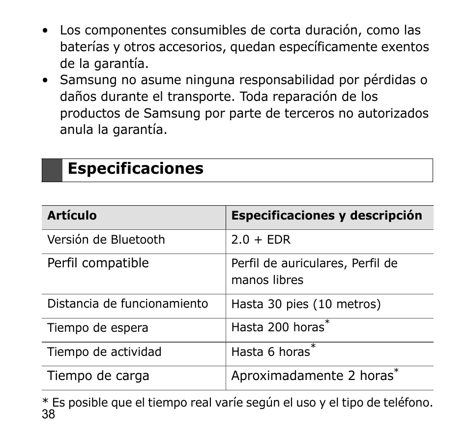 Especificaciones | Samsung GH68-19211A User Manual | Page 41 / 41