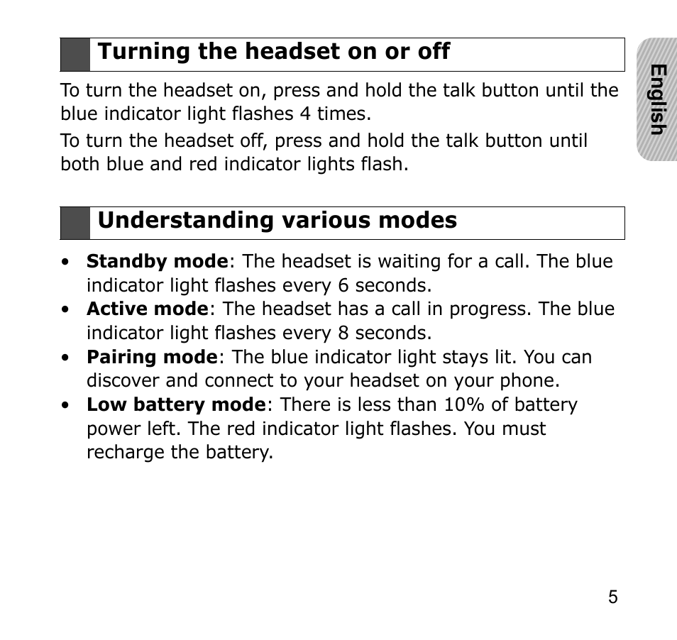 Turning the headset on or off, 5 understanding various modes | Samsung GH68-19211A User Manual | Page 8 / 41