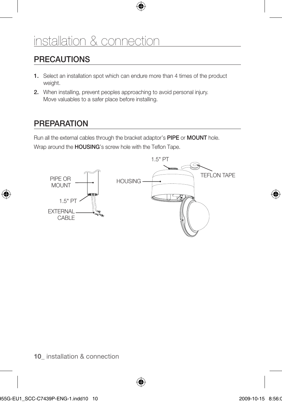 Installation & connection, Precautions, Preparation | Samsung SCC-C7439P User Manual | Page 10 / 52