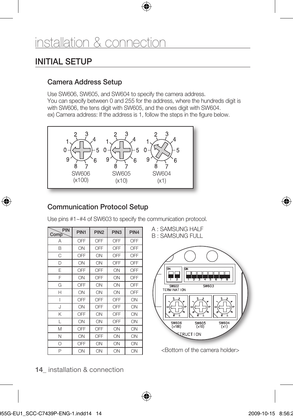 Installation & connection, Initial setup, Camera address setup | Communication protocol setup, 1_ installation & connection | Samsung SCC-C7439P User Manual | Page 14 / 52