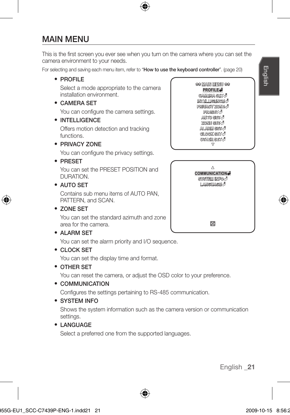Main menu, English _1 | Samsung SCC-C7439P User Manual | Page 21 / 52