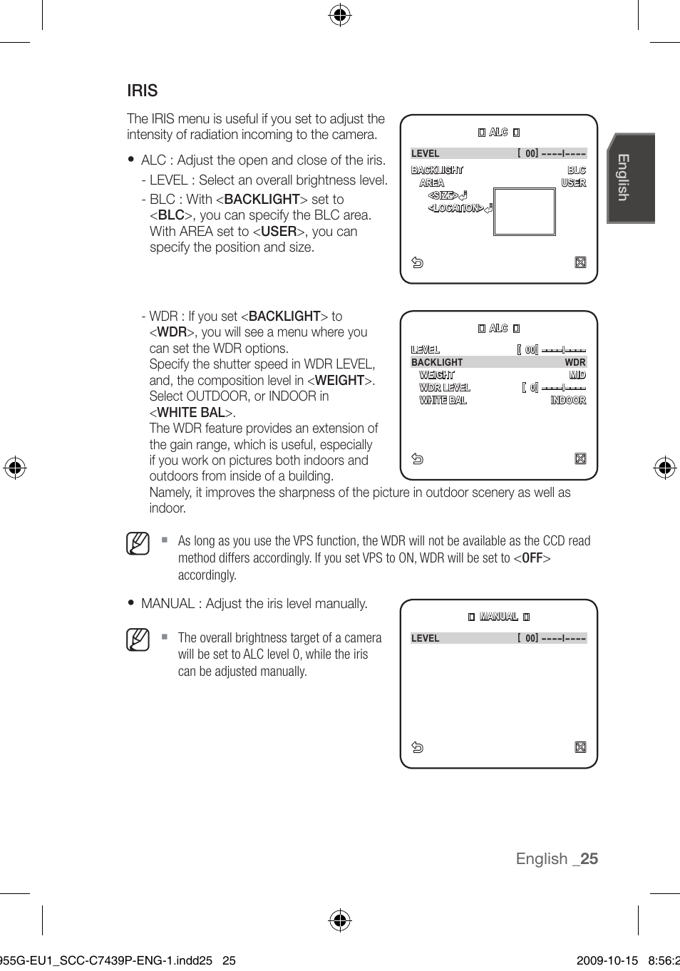Iris, English | Samsung SCC-C7439P User Manual | Page 25 / 52