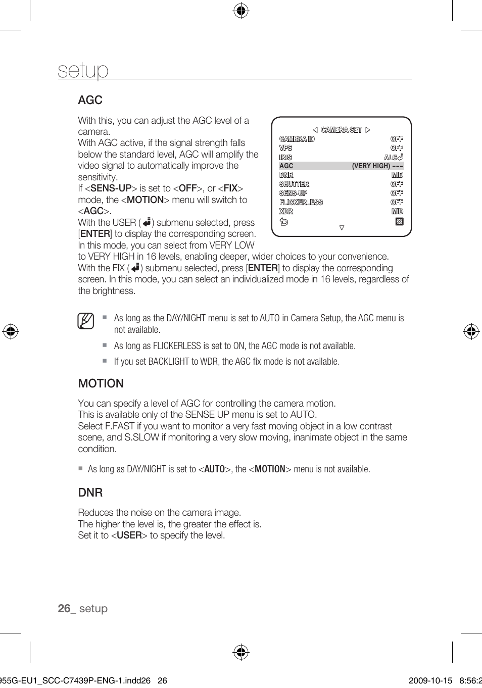 Motion, Setup | Samsung SCC-C7439P User Manual | Page 26 / 52