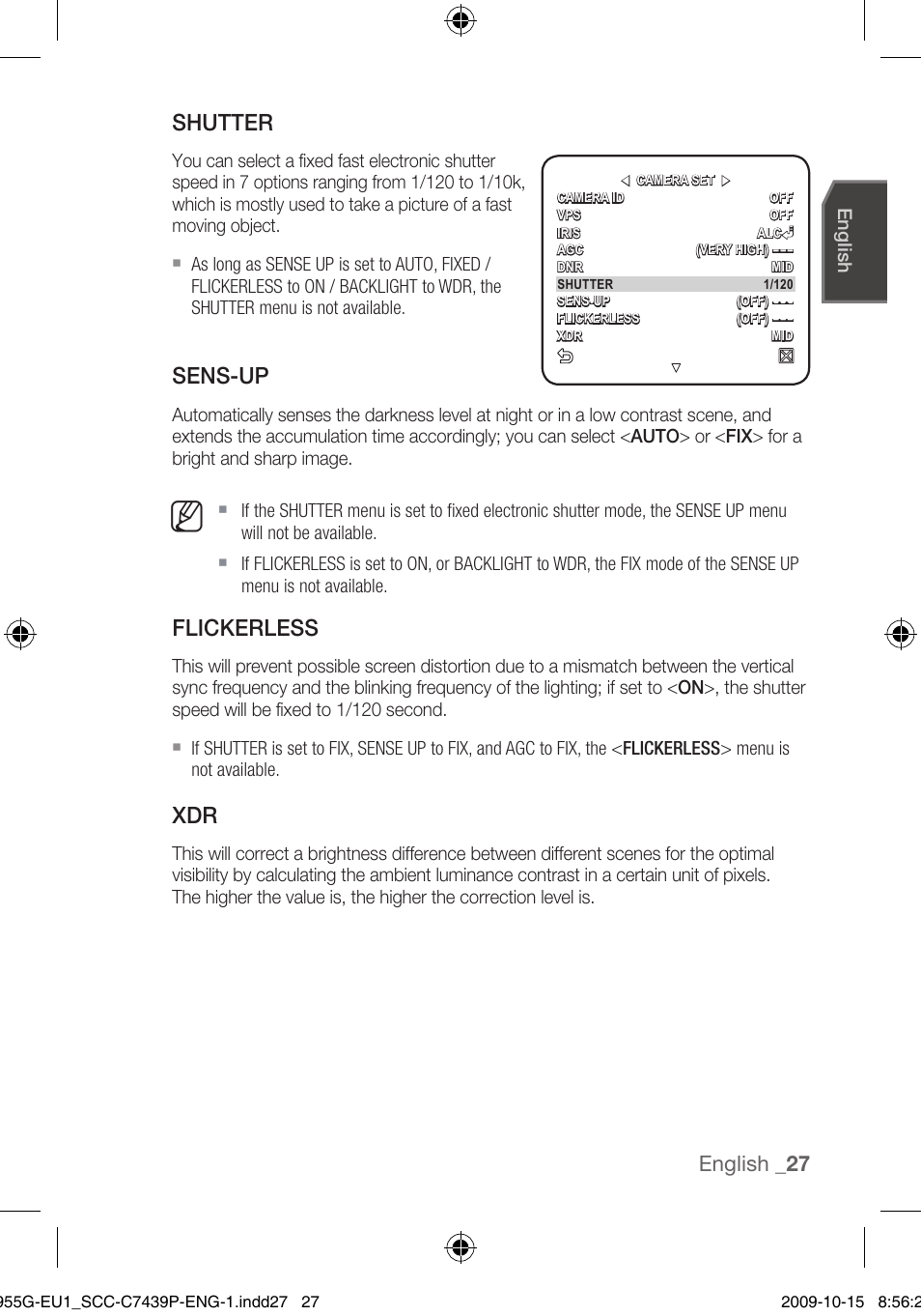 Shutter, Sens-up, Flickerless | English | Samsung SCC-C7439P User Manual | Page 27 / 52