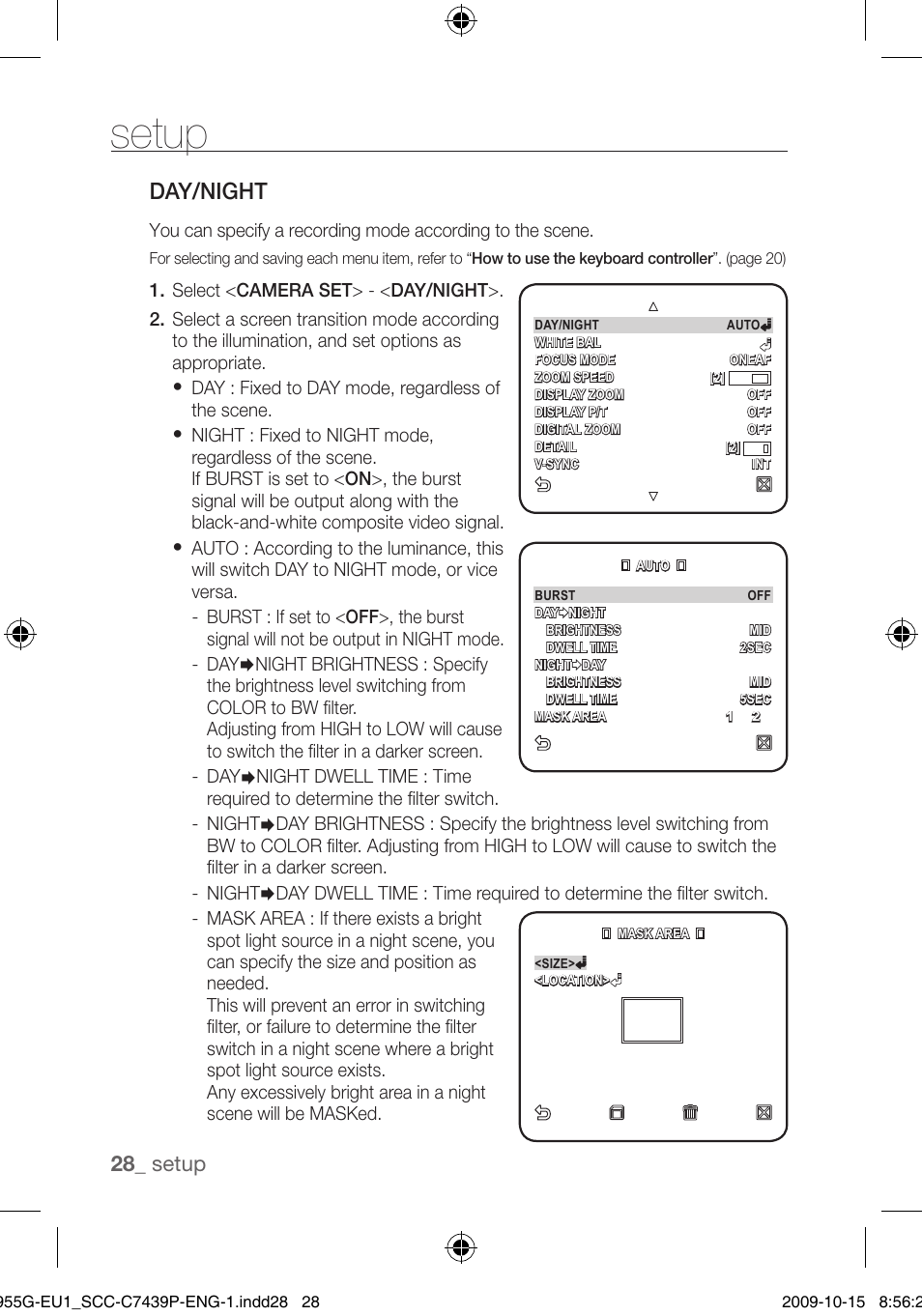 Day/night, Setup | Samsung SCC-C7439P User Manual | Page 28 / 52