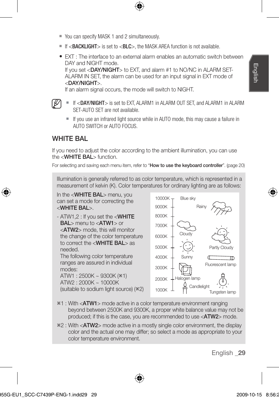 White bal, English | Samsung SCC-C7439P User Manual | Page 29 / 52