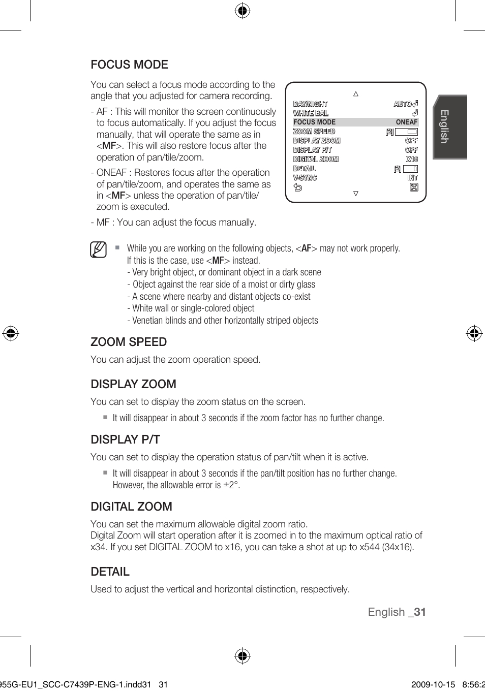 Focus mode, Zoom speed, Display zoom | Display p/t, Digital zoom, Detail, English _1 | Samsung SCC-C7439P User Manual | Page 31 / 52
