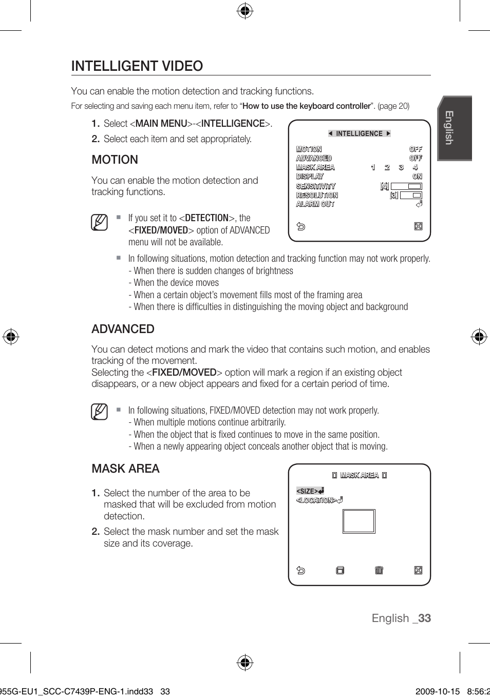 Intelligent video, Motion, Advanced | Mask area, English | Samsung SCC-C7439P User Manual | Page 33 / 52