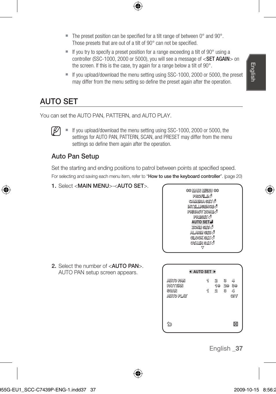 Auto set, Auto pan setup, English | Samsung SCC-C7439P User Manual | Page 37 / 52