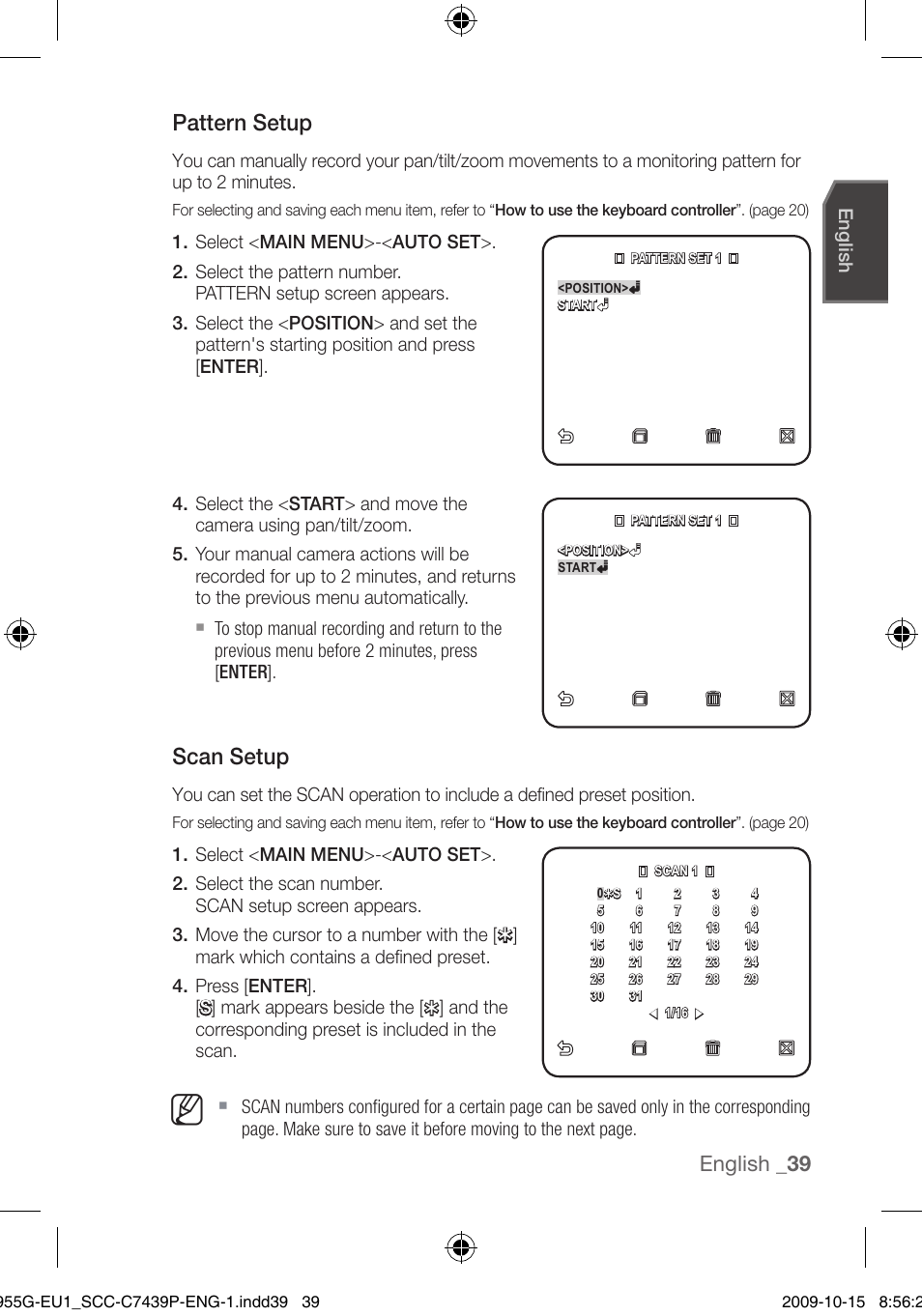Pattern setup, Scan setup, English | Samsung SCC-C7439P User Manual | Page 39 / 52