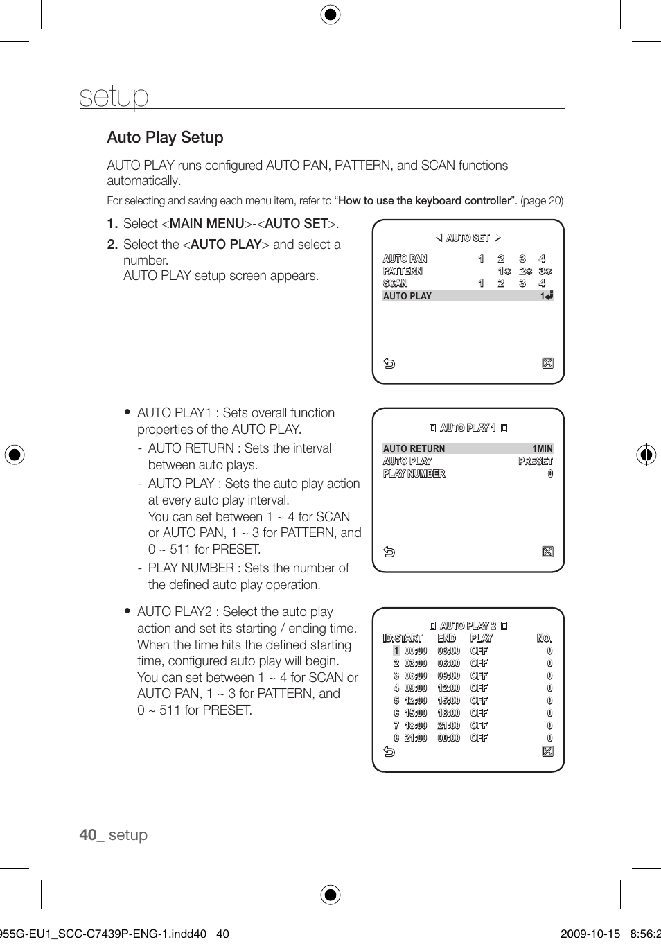 Setup, Auto play setup, 0_ setup | Samsung SCC-C7439P User Manual | Page 40 / 52