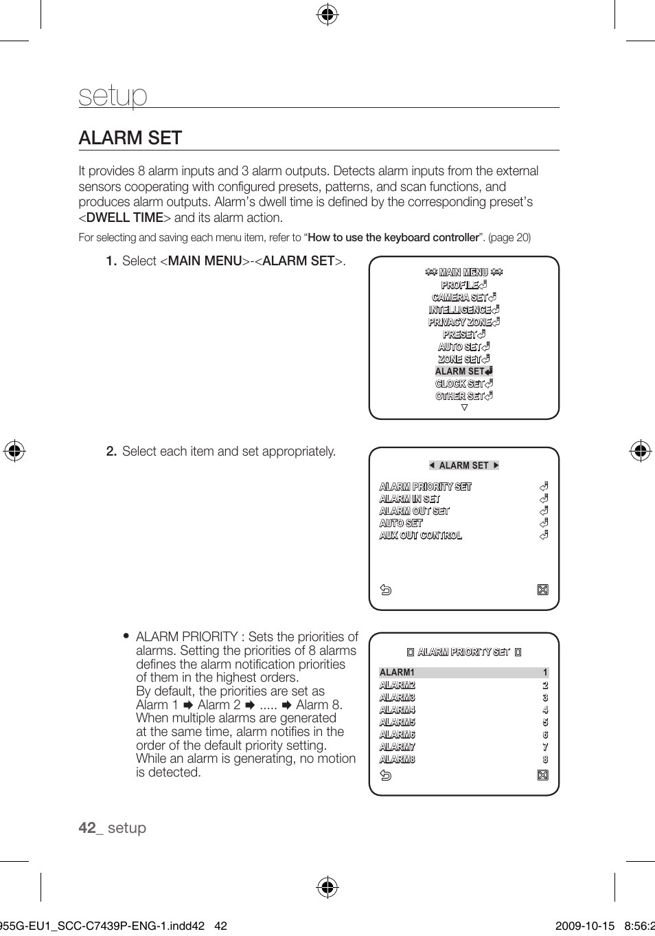 Alarm set, Setup | Samsung SCC-C7439P User Manual | Page 42 / 52