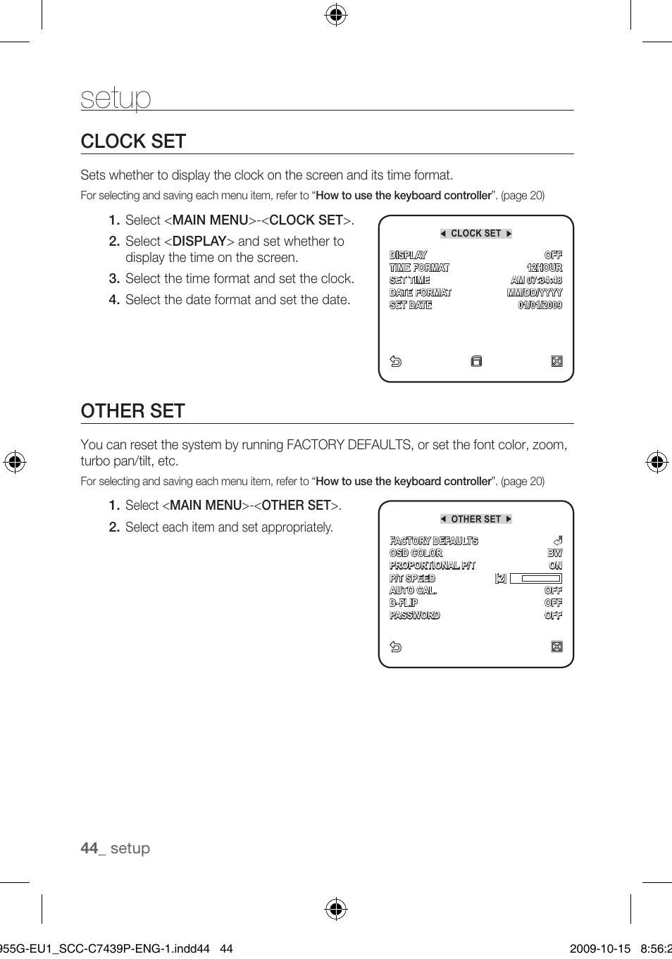 Clock set, Other set, Setup | Samsung SCC-C7439P User Manual | Page 44 / 52