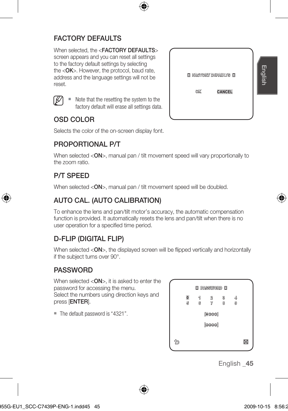 Factory defaults, Osd color, Proportional p/t | P/t speed, Auto cal. (auto calibration), D-flip (digital flip), Password, English | Samsung SCC-C7439P User Manual | Page 45 / 52