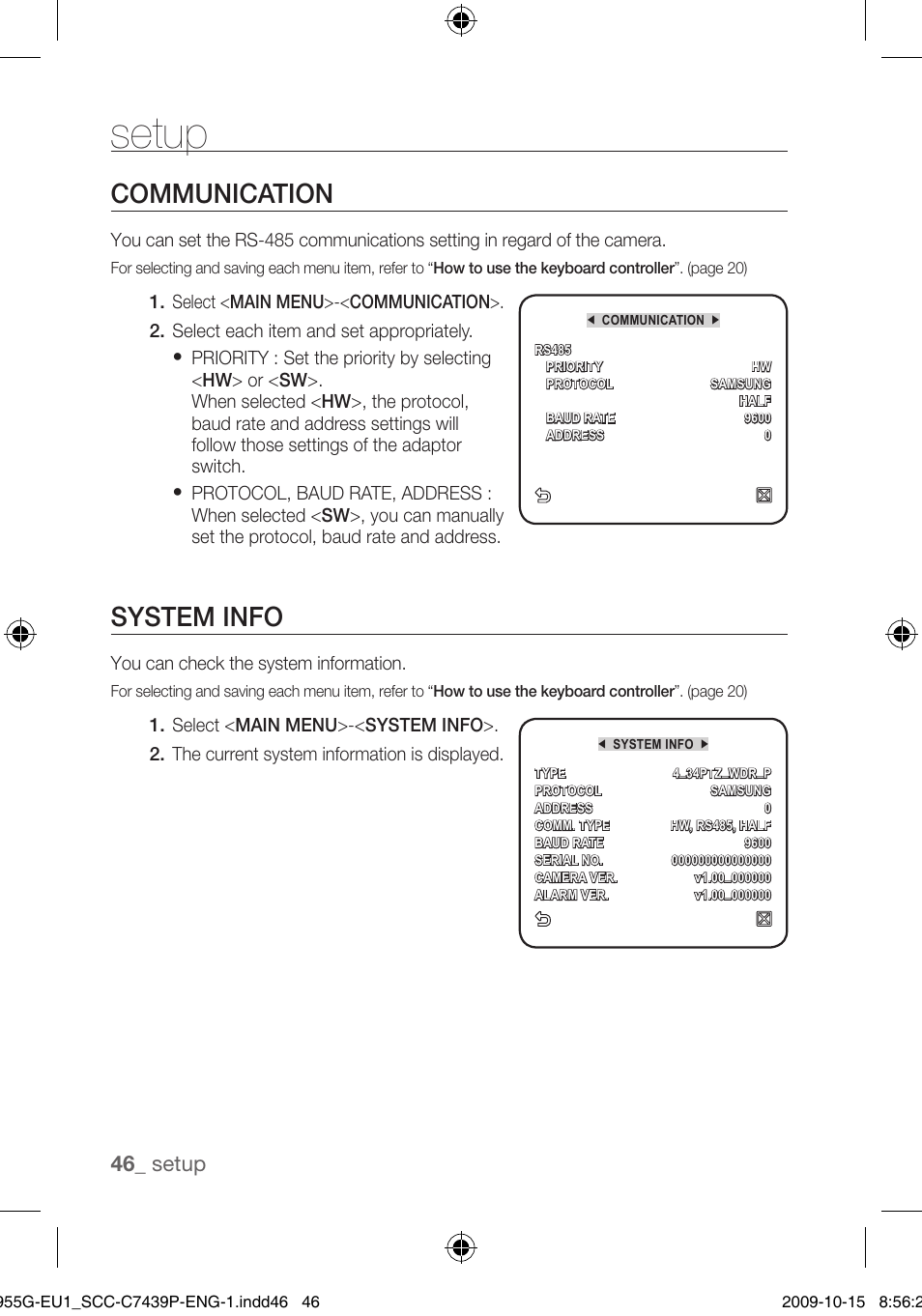 Communication, System info, Setup | Samsung SCC-C7439P User Manual | Page 46 / 52
