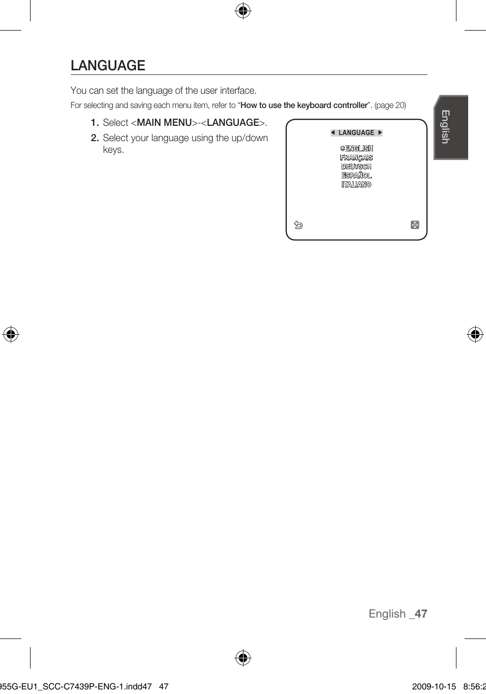 Language, English | Samsung SCC-C7439P User Manual | Page 47 / 52