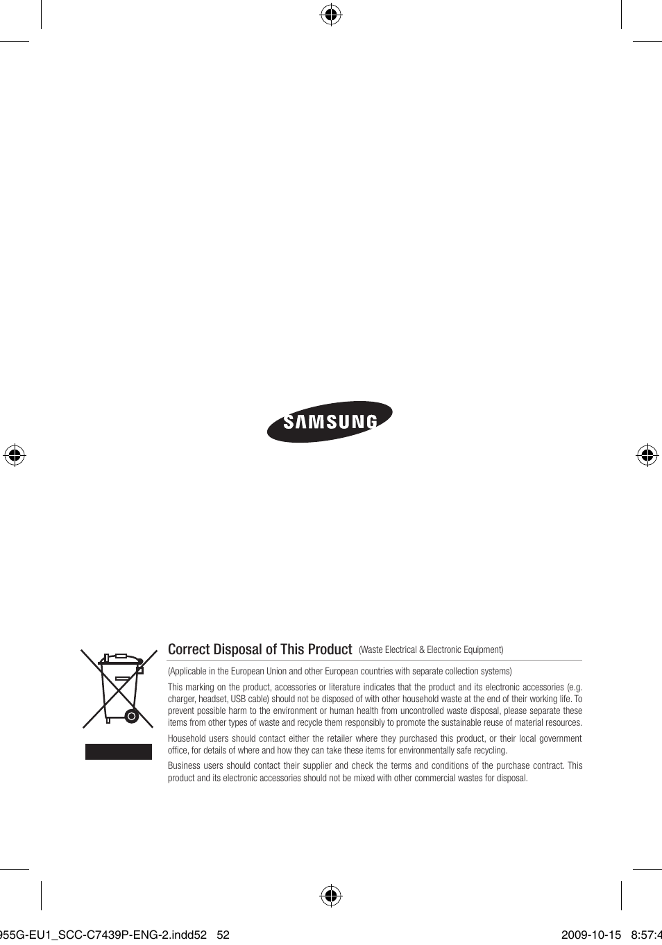 Correct disposal of this product | Samsung SCC-C7439P User Manual | Page 52 / 52