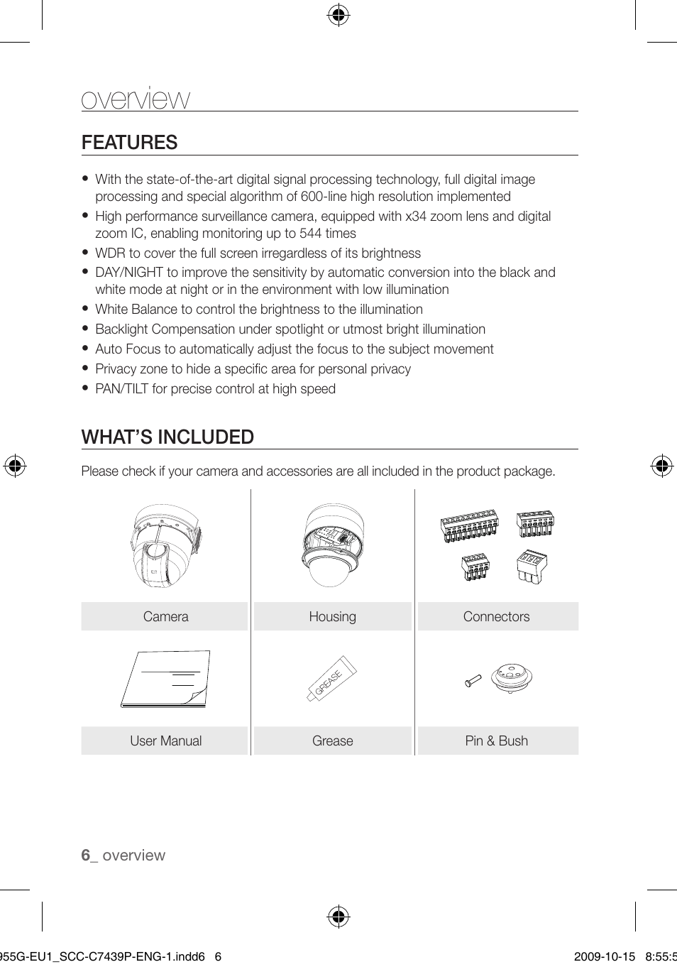 Overview, Features, What’s included | Samsung SCC-C7439P User Manual | Page 6 / 52