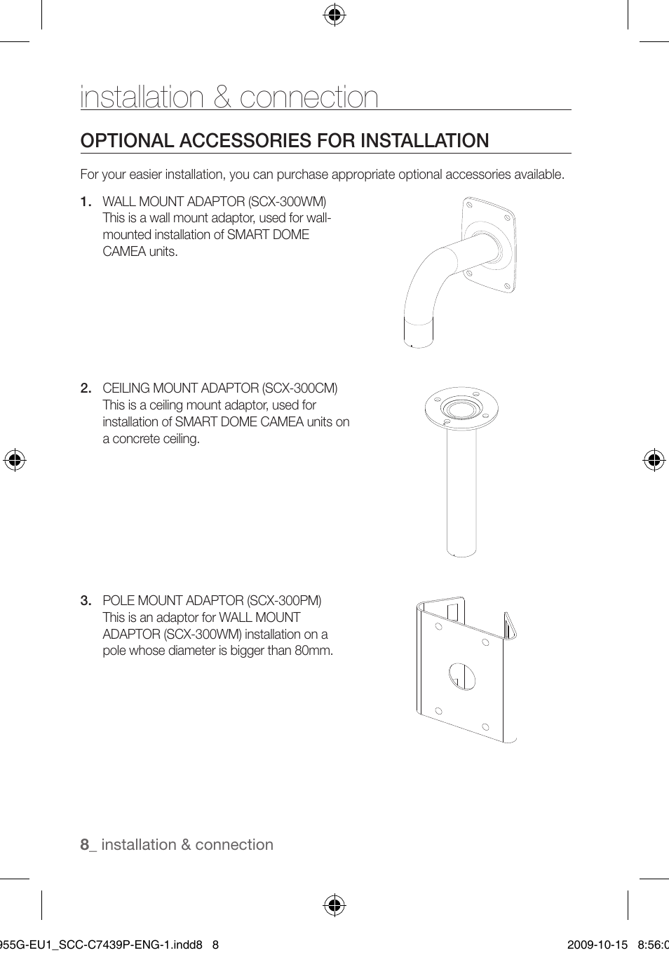 Installation & connection, Optional accessories for installation | Samsung SCC-C7439P User Manual | Page 8 / 52